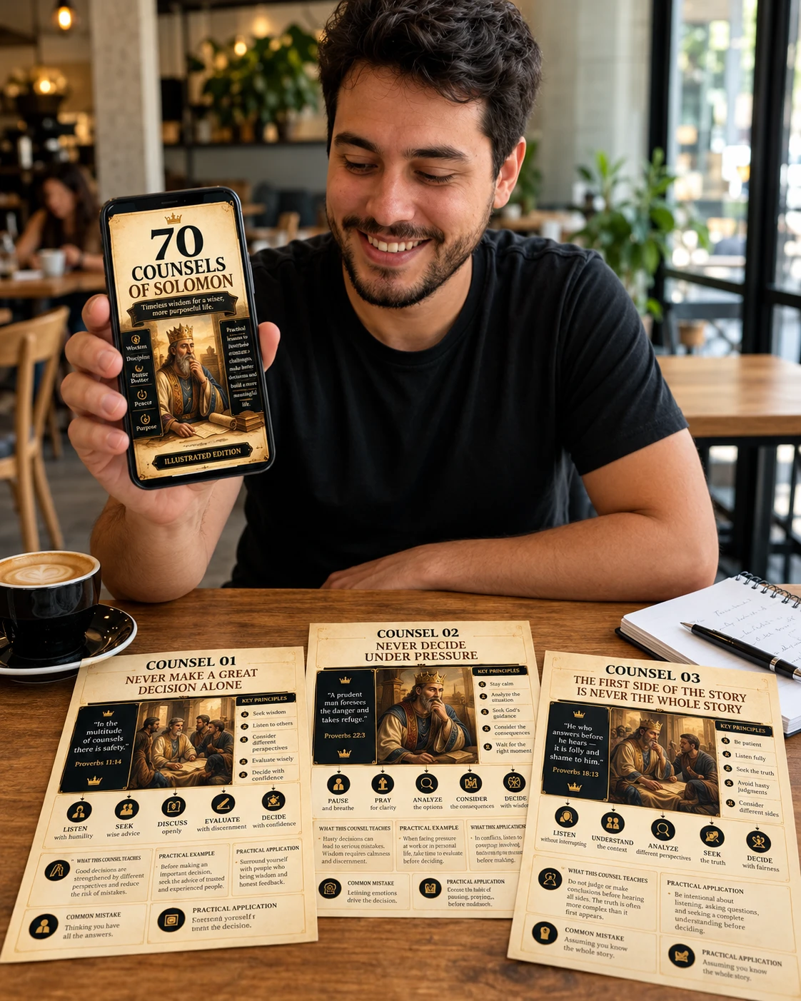 Showing the material on a phone at a coffee shop