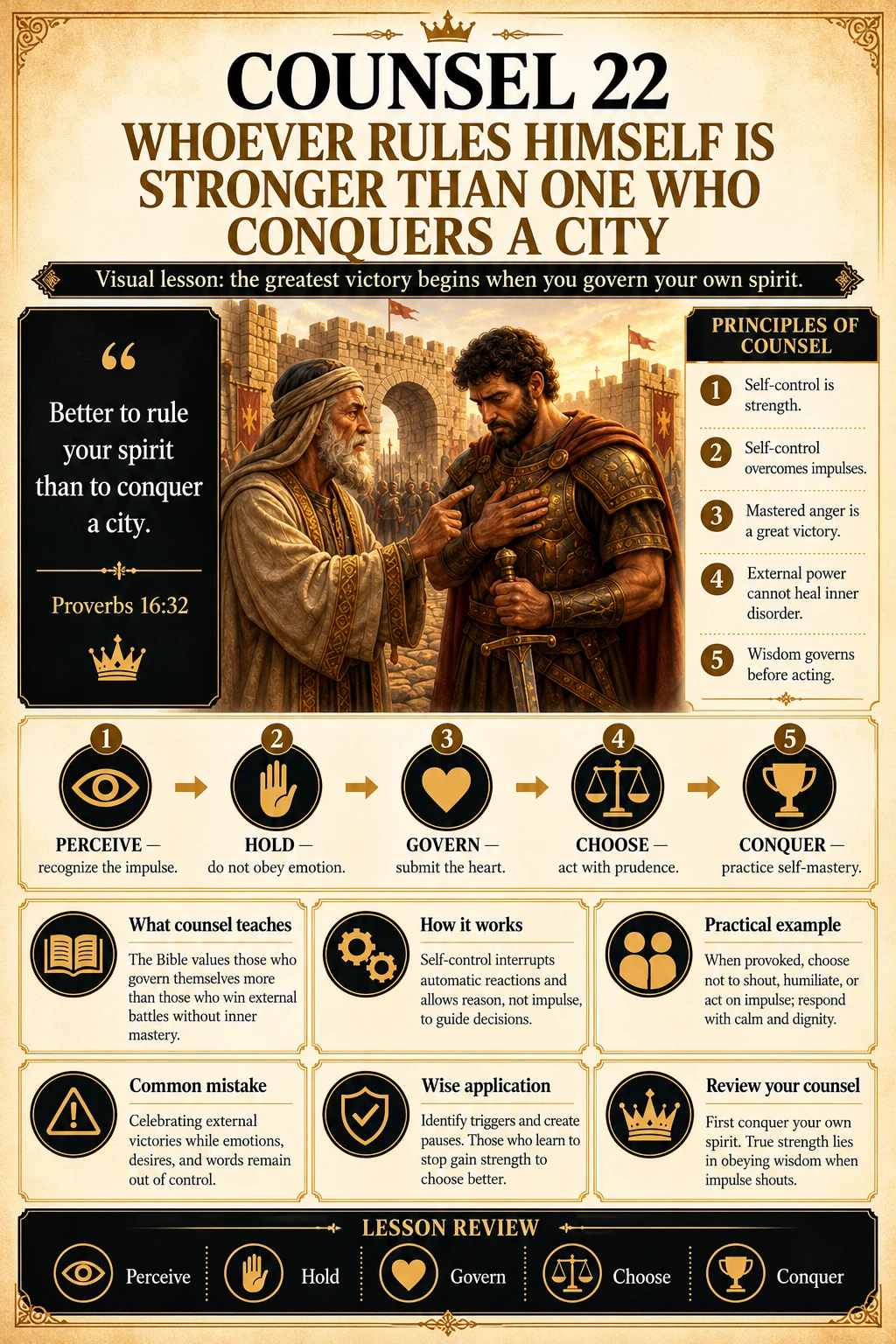 Counsel 22: Whoever rules himself is stronger than one who conquers a city