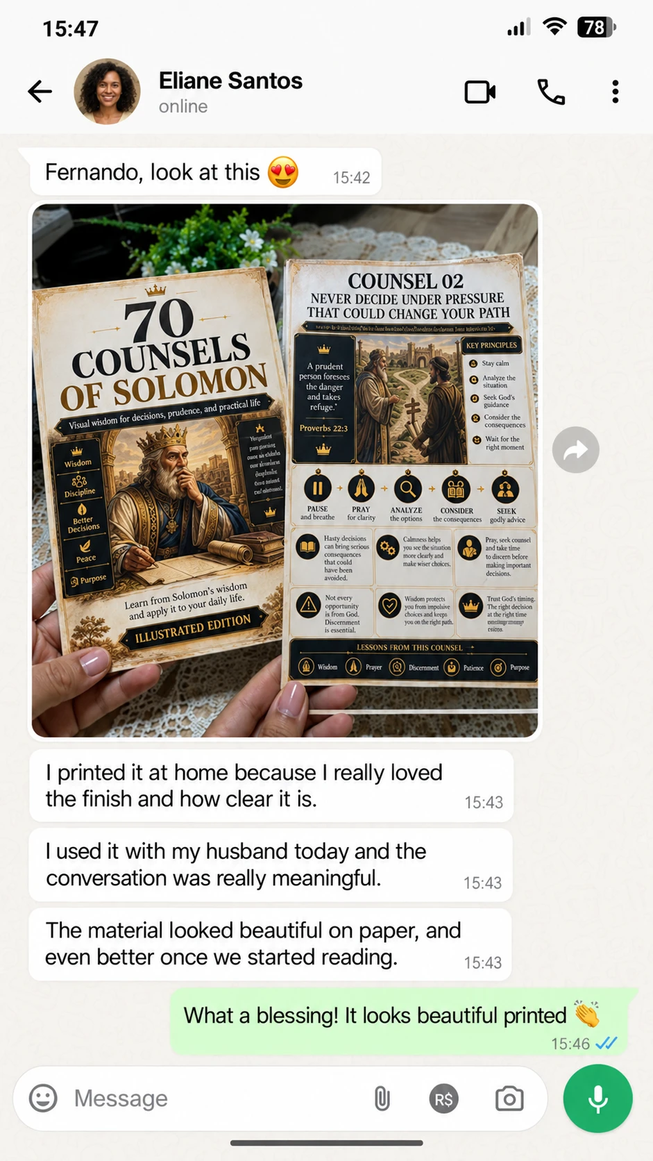 Customer message from Eliane