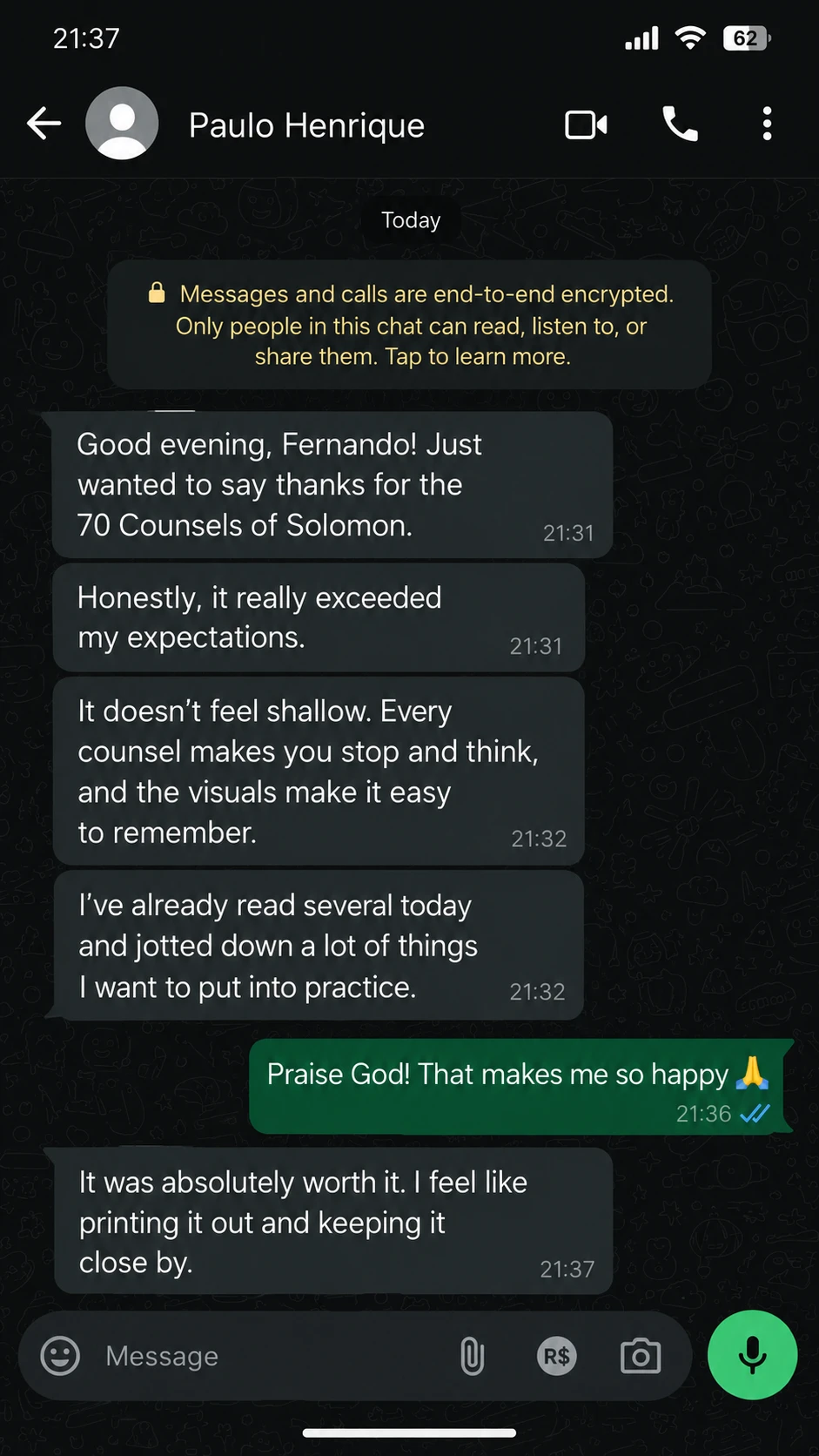 Customer message from Paulo Henrique