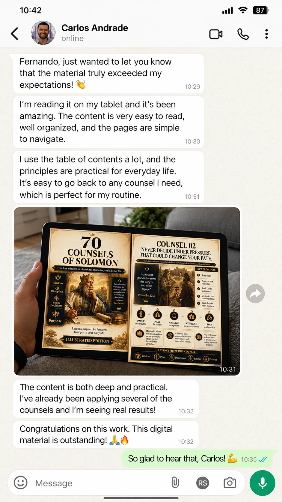 Customer message from Carlos