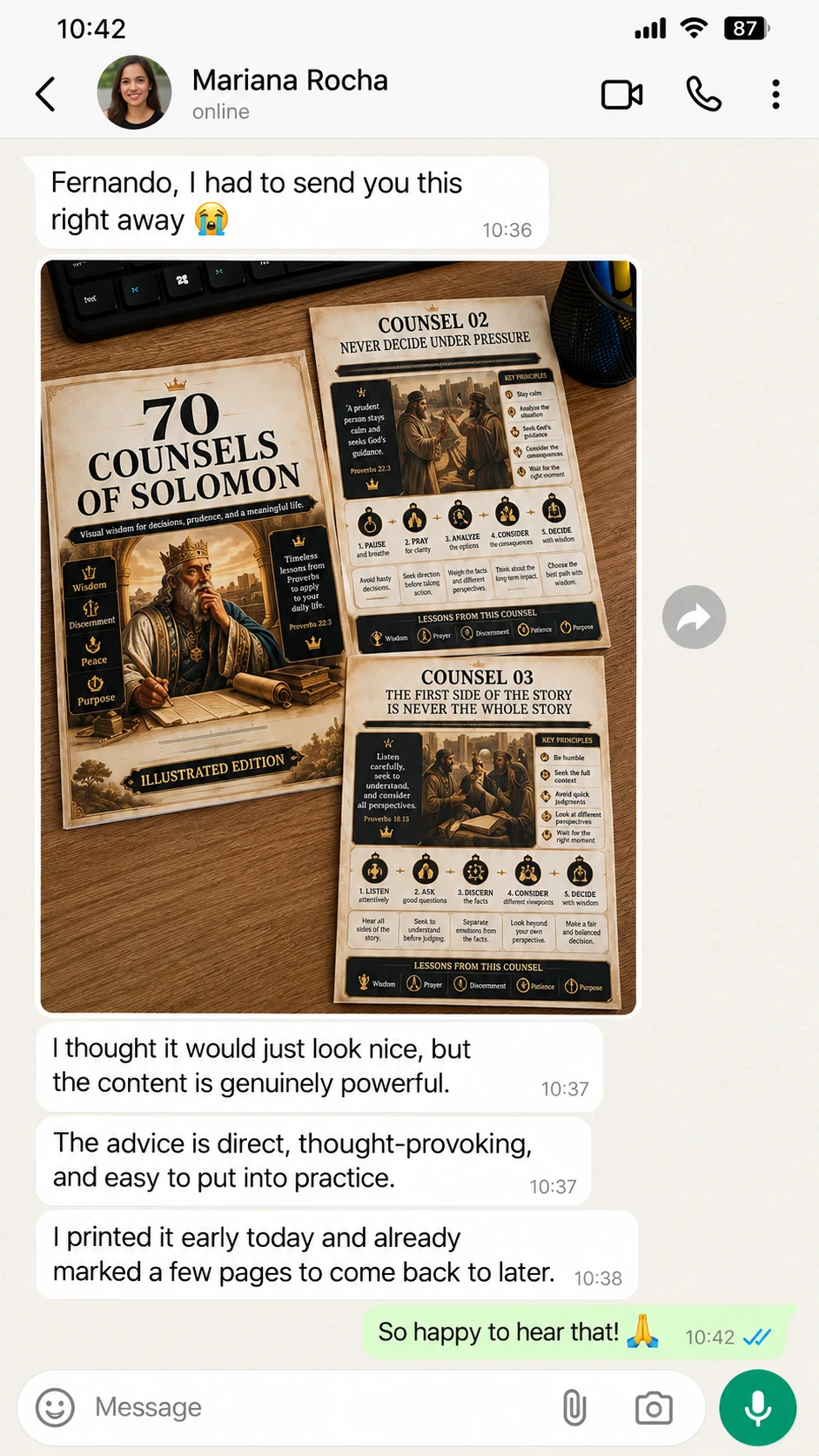 Customer message from Mariana