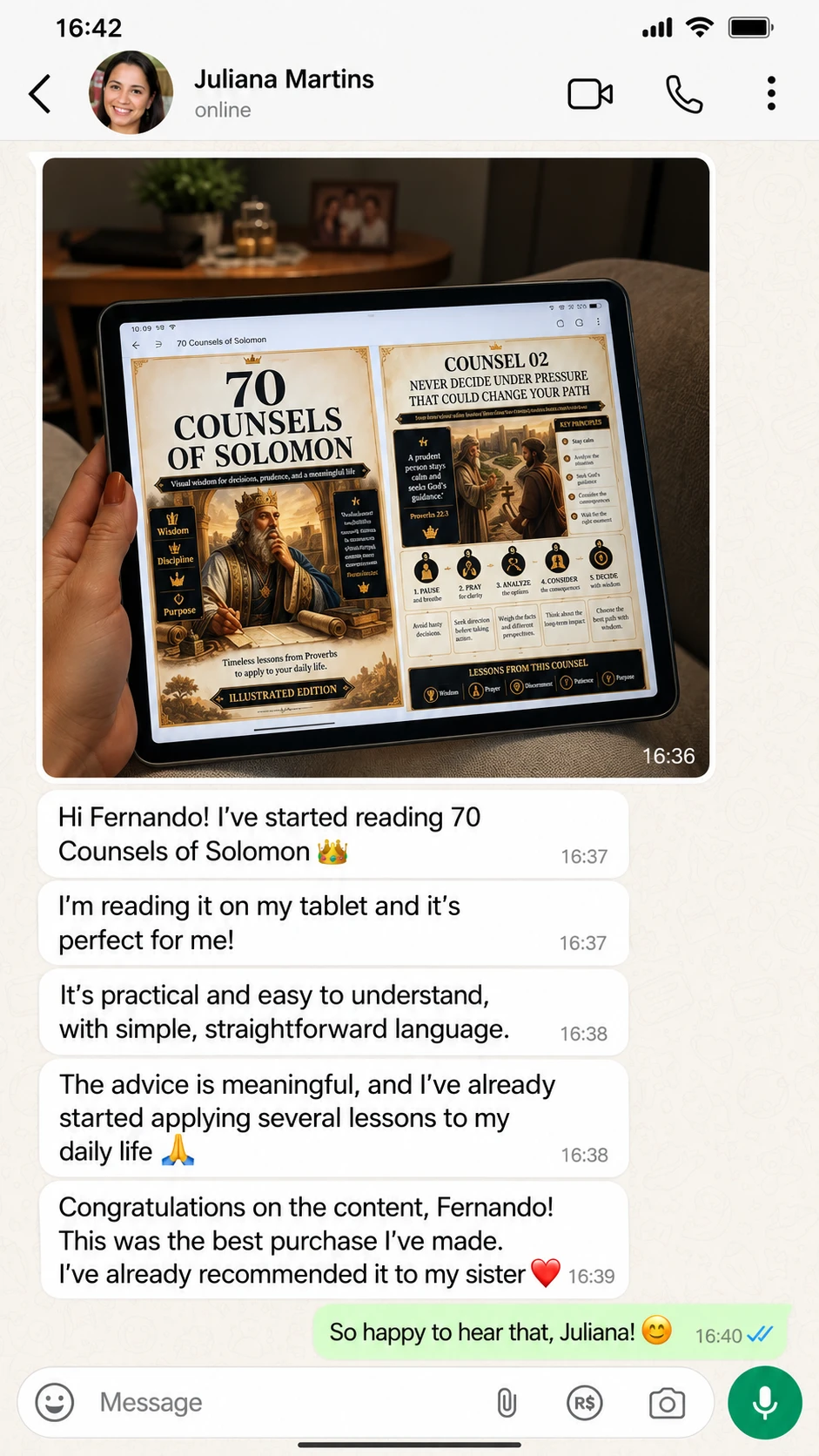 Customer message from Juliana